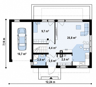 Проект одноэтажного дома из газобетона с мансардным этажом, светлой гостиной и гаражом для автомобиля / План 1 этажа