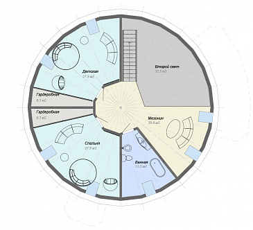 Проект круглого в плане дома с большими спальными комнатами / План мансардного этажа