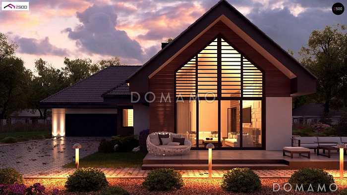 Проект большого одноэтажного дома из кирпича с четырьмя спальнями, гаражом и панорамным остеклением гостиной