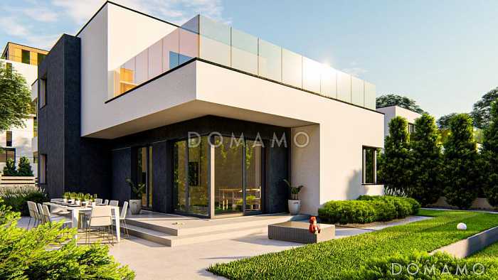 Проект двухэтажного дома с гаражом, угловой кухней, кабинетом, хозяйской спальней