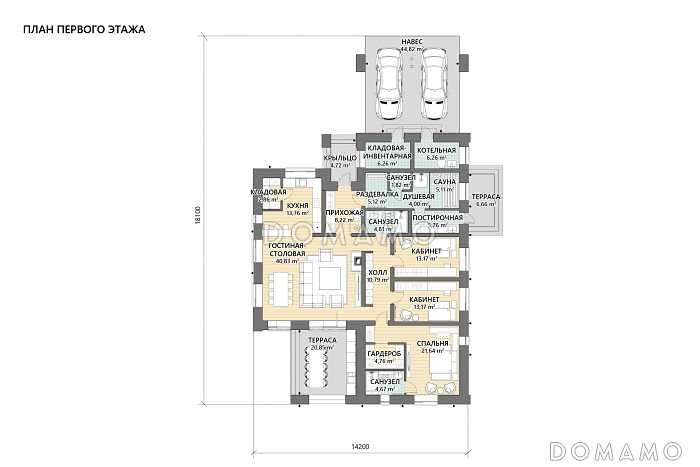 Проект кирпичного одноэтажного дома с 3 комнатами, сауной и навесом для автомобилей / План 1 этажа