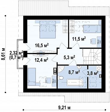 Проект мансардного дома из газобетона с кабинетом, тремя спальнями и балконом / План мансардного этажа