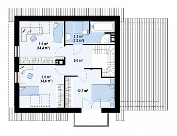 Проект одноэтажного мансардного дома из газобетона с гаражом и тремя спальнями / План мансардного этажа