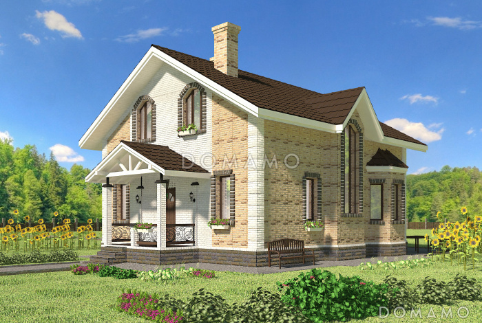 Проект коттеджа из SIP панелей с эркером и террасой.