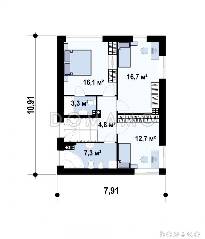 Проект двухэтажного дома с террасой, подвалом, кухней с кладовой, санузлом с душем на первом этаже / План 2 этажа