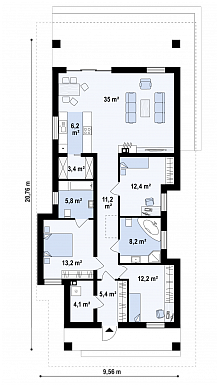 Проект комфортного одноэтажного дома из газобетона с тремя спальнями / План 1 этажа