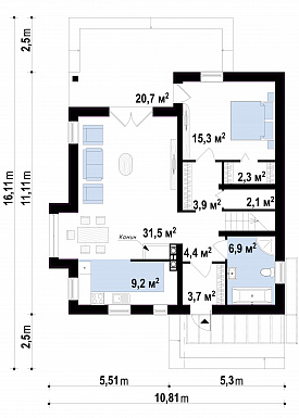 Проект одноэтажного дома из кирпича с мансардным этажом с прямоугольным эркером и балконом / План 1 этажа