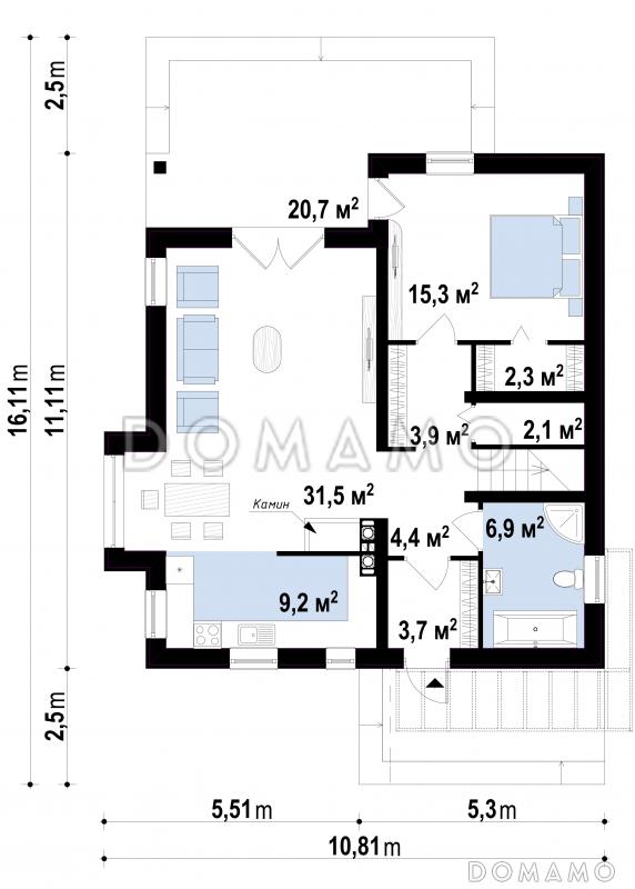 Проект одноэтажного дома из кирпича с мансардным этажом с прямоугольным эркером и балконом / План 1 этажа