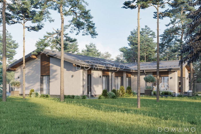 Проект одноэтажного дома из кирпича с крытой зоной для барбекю, навесом для двух машин, просторной дневной зоной и тремя спальнями