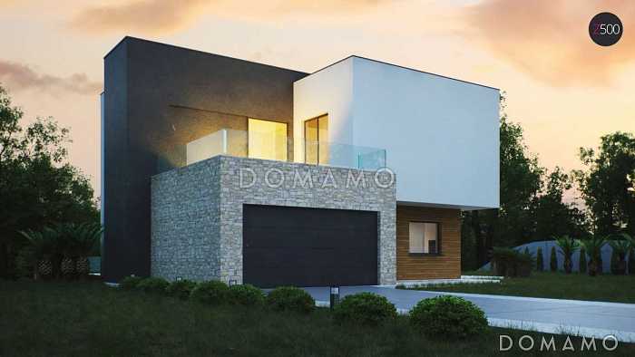 Проект просторного двухэтажного коттеджа из газобетона в стиле Хай-Тек с бассейном на цокольном этаже