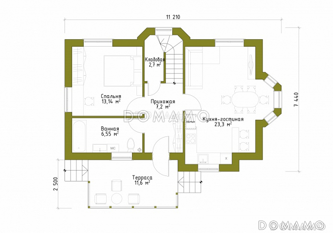 Проект небольшого каркасного дома с большим крыльцом и эркером. / План 1 этажа
