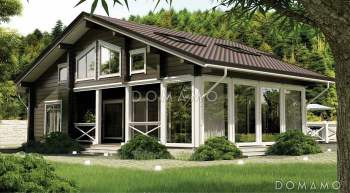 Проект дома из клееного бруса с гостиной эффектно совмещеной с зоной второго света