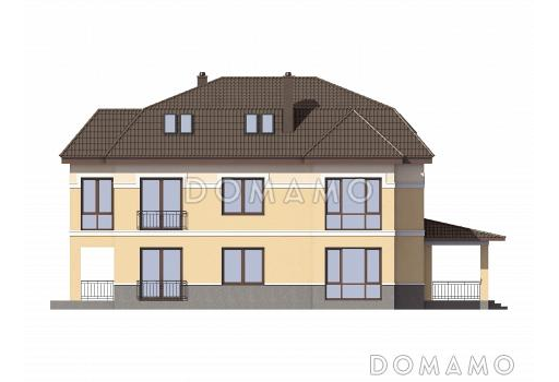 Проект двухэтажного особняка из газобетона с мансардой, балконом и террасой / Фасад 1