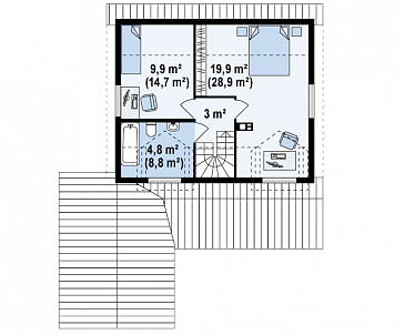 Проект компактного одноэтажного мансардного дома из кирпича с тремя спальнями, фронтальной террасой и гаражом / План мансардного этажа