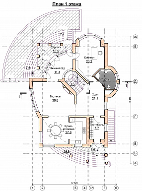 Проект современного дома с мансардным и цокольным этажом / План 1 этажа