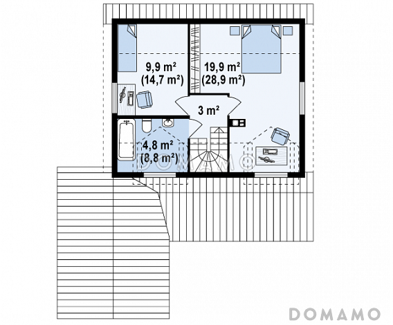 Проект компактного одноэтажного мансардного дома из кирпича с тремя спальнями, фронтальной террасой и гаражом / План мансардного этажа