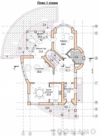 Проект современного дома с мансардным и цокольным этажом / План 1 этажа