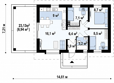 Проект компактного одноэтажного дома из газобетона с тремя спальнями, с высоким остеклением в гостиной / План 1 этажа