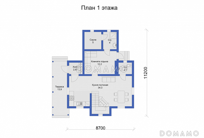 Дом с объединенной кухней-гостиной и большой террасой / План 1 этажа