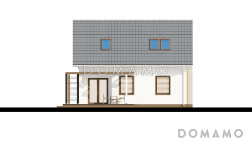 Проект компактного одноэтажного мансардного каркасного дома с кабинетом на первом этаже и тремя спальнями на мансарде / Фасад 3