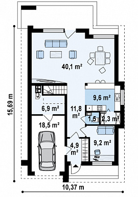 Проект одноэтажного мансардного дома из газобетона с кабинетом,  гаражом и четырьмя спальнями / План 1 этажа