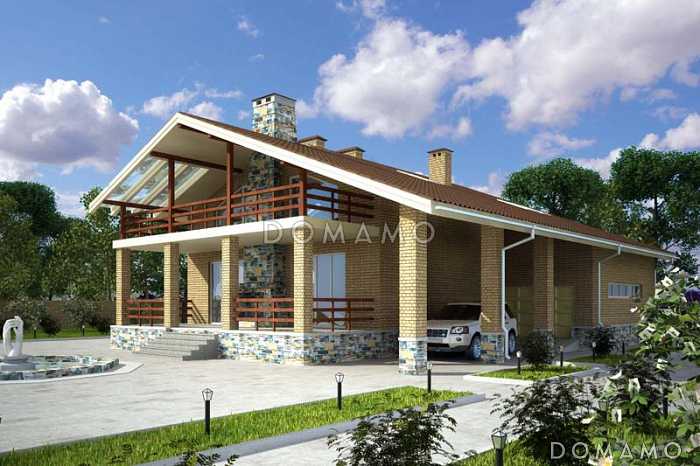 Проект дома из кирпича с экономичной двускатной крышей и навесом для автомобиля