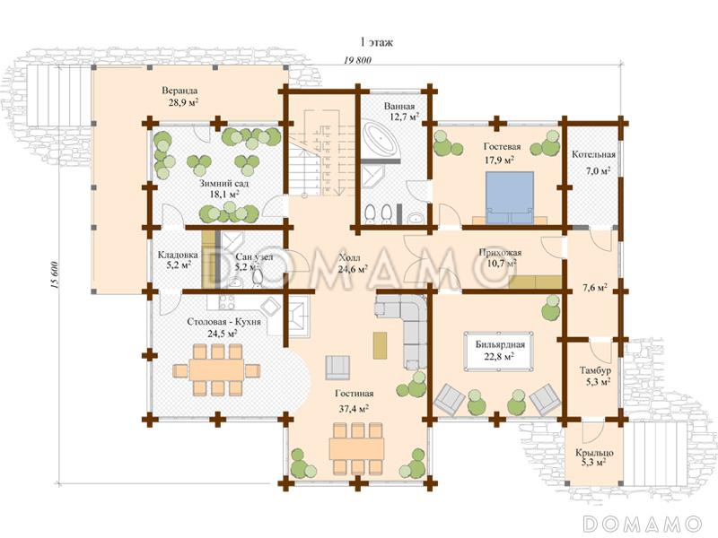 Проект дома из клееного бруса с зимним садом / План 1 этажа