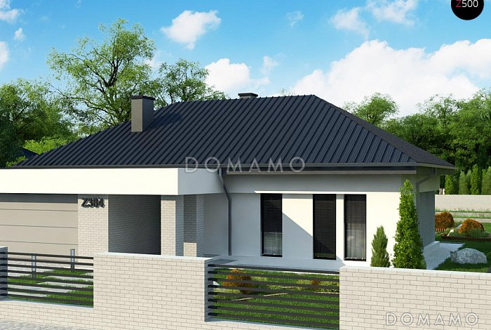 Проект комфортного одноэтажного дома из кирпича с панорамным остеклением обеденной зоны и гаражом