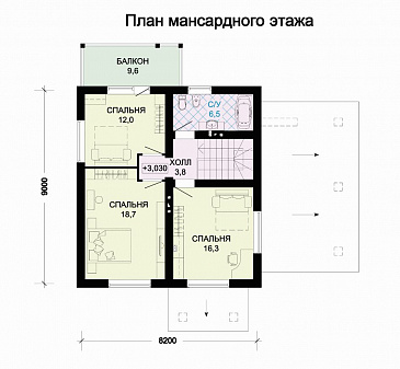 Проект дома из газобетона с навесом для автомобиля / План мансардного этажа