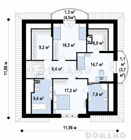 Проект уютного дома с цокольным этажом, камином на террасе, просторной гостиной, кладовой в кухне / План мансардного этажа