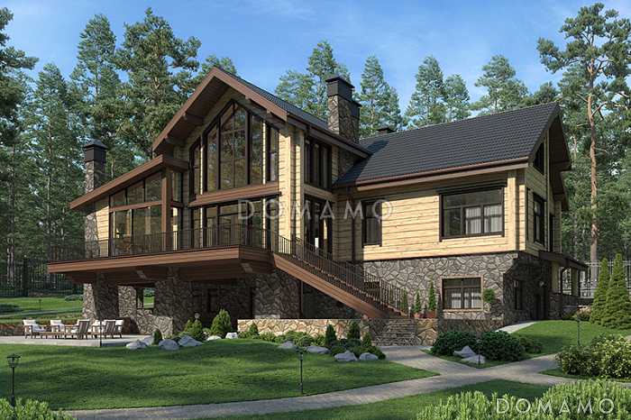 Проект дома современного дома с цокольным этажом для неровных участков