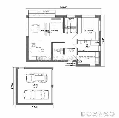 Проект двухэтажного дома с большими спальнями, гостевой комнатой и просторной гостиной / План 1 этажа