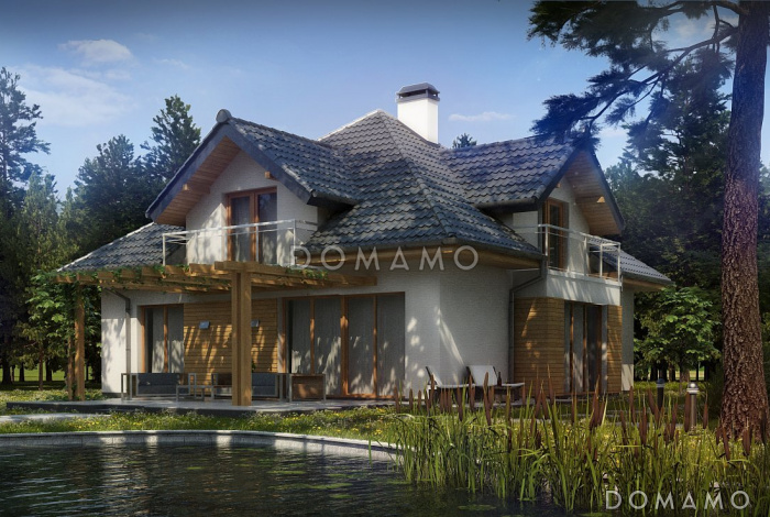 Проект дома с гаражом, террасой, просторной гостиной, балконами в трех комнатах на мансарде