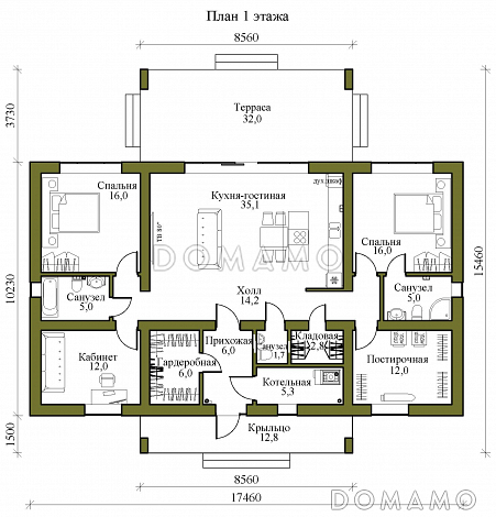 Проект одноэтажного каркасного дома в стиле хай-тек с двумя спальнями, кабинетом и крытой террасой / План 1 этажа
