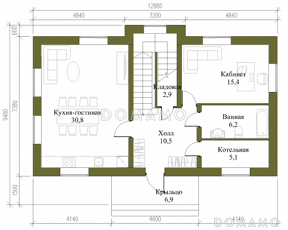 Проект компактного двухэтажного коттеджа из СИП панелей с пятью спальнями / План 1 этажа