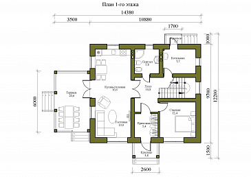 Проект двухэтажного дома с тремя спальнями на втором этаже и одной на первом этаже / План 1 этажа