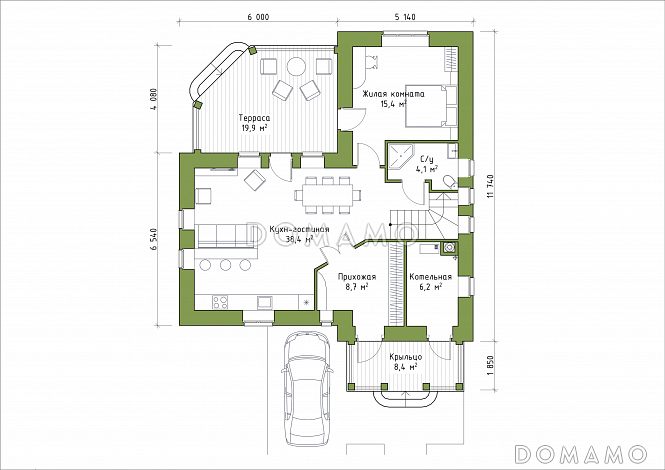 Проект углового коттеджа / План 1 этажа