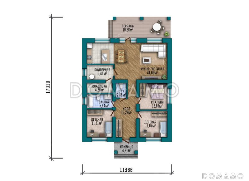 Проект компактного одноэтажного дома с большой террасой, вальмовой кровлей и двумя санузлами / План 1 этажа