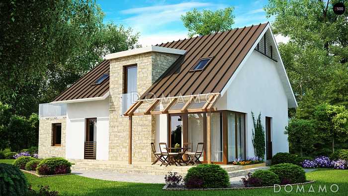 Проект одноэтажного мансардного дома из кирпича с кабинетом, гаражом и террасой над ним