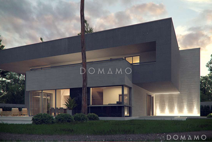 Проект большого современного двухэтажного дома из газобетона необычной формы, с тремя спальнями и кабинетом, сауной и гаражом