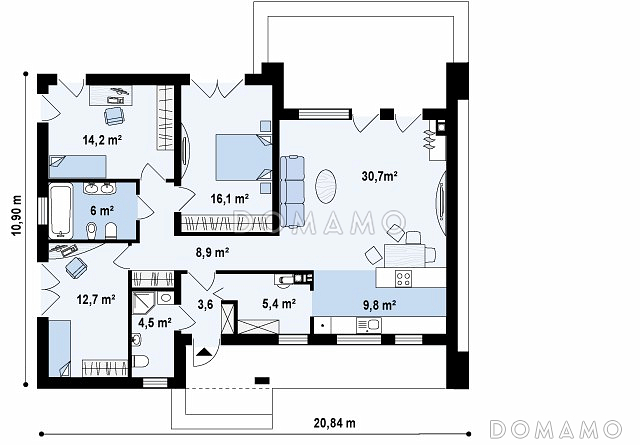 Проект просторного современного одноэтажного дома из кирпича с  тремя спальнями, без гаража / План 1 этажа