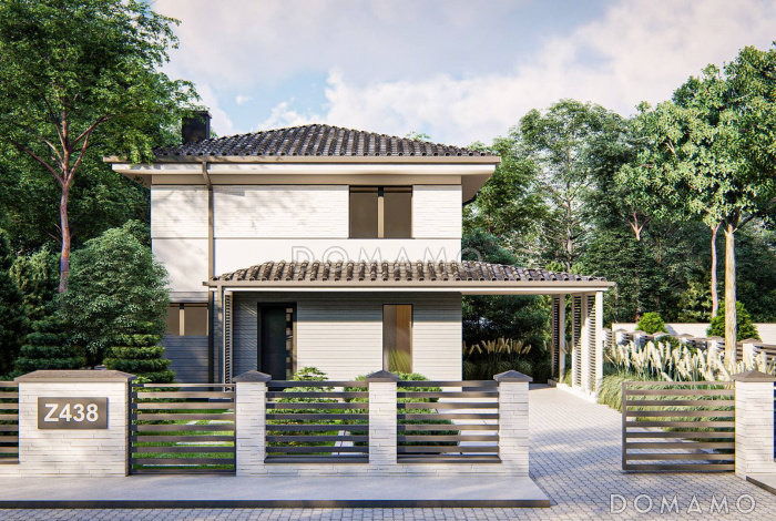 Проект двухэтажного дома с кабинетом, объединенной кухней и гостиной, террасой, спальнями на втором этаже