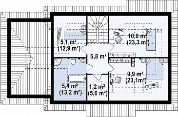 Проект одноэтажного мансардного дома из газобетона с кабинетом, угловым окном в гостиной и гаражом / План мансардного этажа