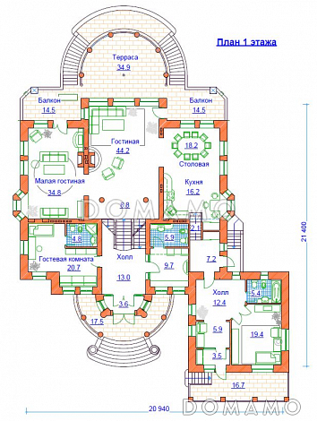 Проект жилого дома с небольшим бассейном на цокольном этаже / План 1 этажа