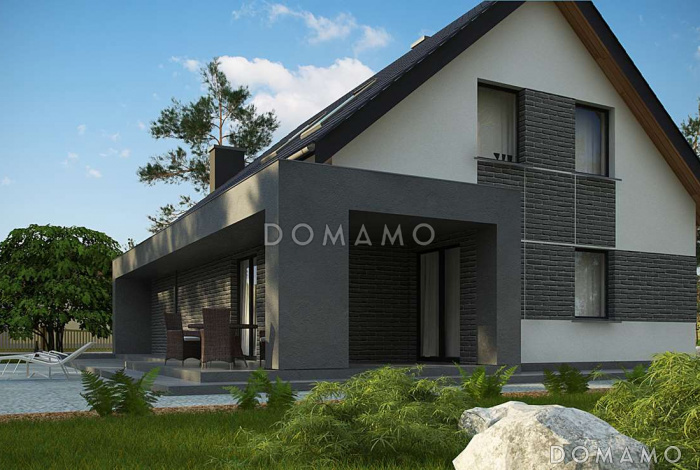 Проект одноэтажного мансардного дома из кирпича в современном стиле, с гаражом и террасой над ним