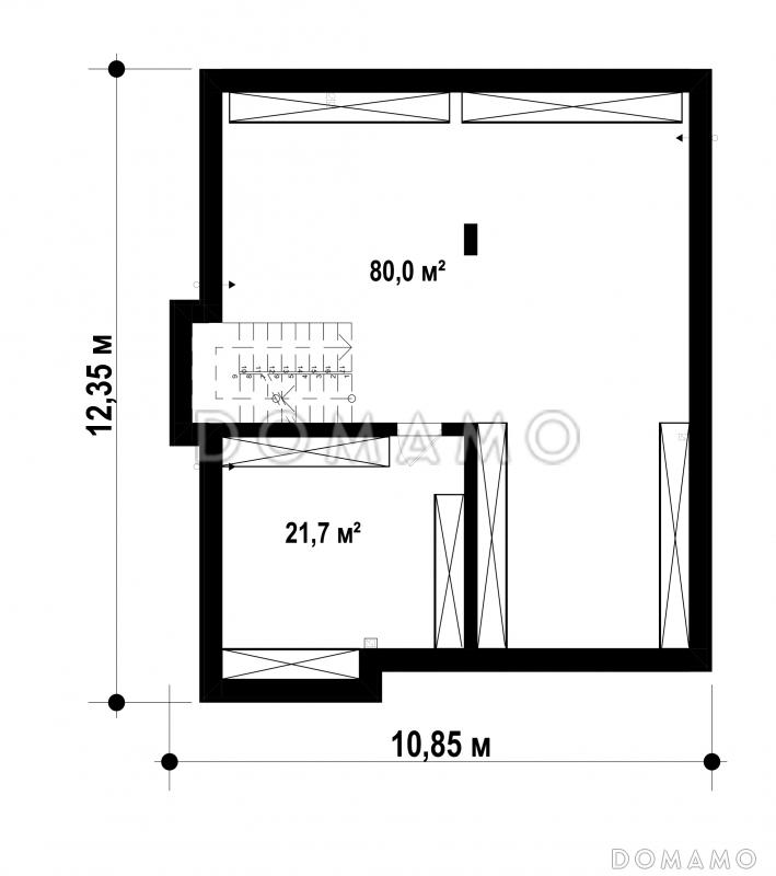 Проект дома с гаражом для машины, подвалом, крытой террасой, кладовой / План цокольного этажа