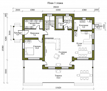 Проект двухэтажного газобетонного дома с просторной террасой, сауной и пятью спальнями / План 1 этажа