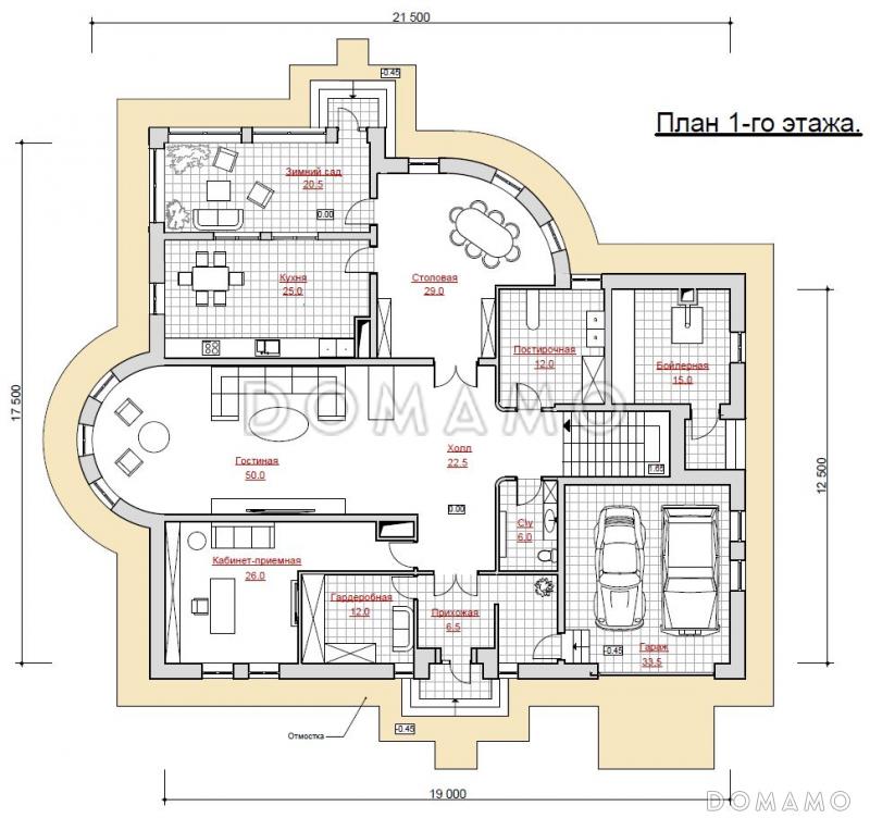 Проект двухэтажного загородного дома с мансардой / План 1 этажа