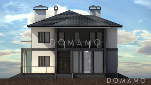 Проект дома для семьи от четырех человек с террасами, просторной кухней-столовой, хозяйской спальней на втором этаже / Фасад 4