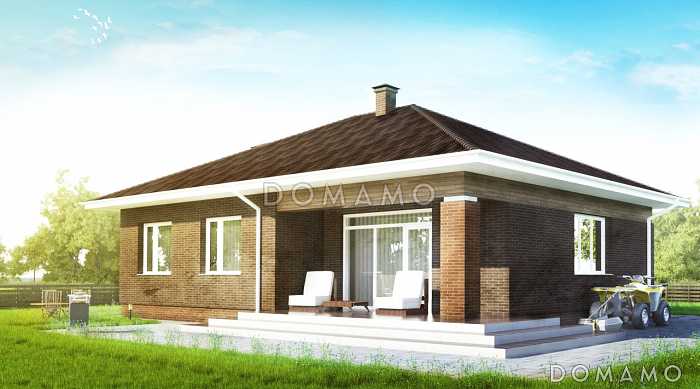 Проект компактного одноэтажного дома по технологии ЛСТК с террасой, с комбинированной отделкой